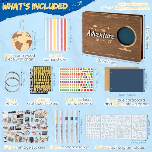CY2SIDE Travel Photo Album Scrapbook - 111PCS Let The Adventure Begin Wooden Travel Scrapbook Craft Kit, Traveling Diary Photo Book DIY Handmade Souvenir Gifts for Adventure Lovers, Heartfelt Present