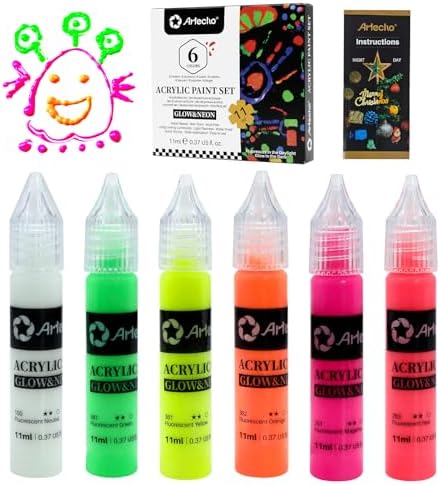 Artecho Glow in the Dark Acrylic Paint Set, 6 Colors x 11ml (0.37oz) | Non-Toxic Waterproof Art Supplies for Canvas Rock Wood Fabric – Rich Pigment Craft Paint for Adults & Hobbyists