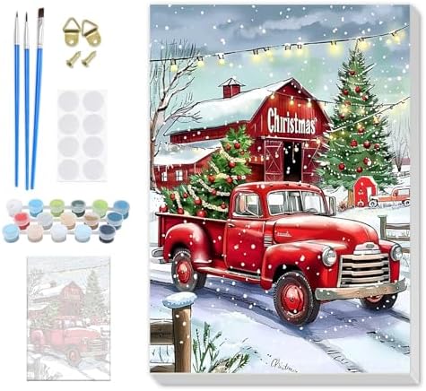 SENQAO Christmas Paint by Numbers for Adults Framed, Red Truck Farmhouse Adults' Paint-by-Number Kits, Adult Paint by Number Kits on Canvas, Acrylic Number Painting for Home Decor, 8x12inch
