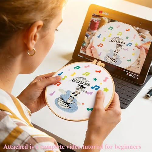 Hand DIY Embroidery Kits for Beginners Adults, Cute Crewel Embroidery Art Kits, Stamped Cross Stitch Kits for Beginners Adults Craft Kits for Women, Entire Set of Embroidery Supplies & Video Tutorial