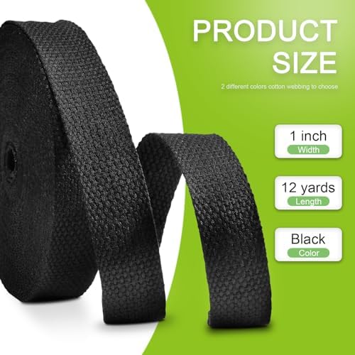 Cotton Webbing 1 Inch 12 Yards Black Cotton Webbing Straps for Bags Handles, 1 Inch Weave Webbing for Cloth Tote Bag Straps Making,Cloth Belt, DIY Crafts Decoration (Black 12Yards)