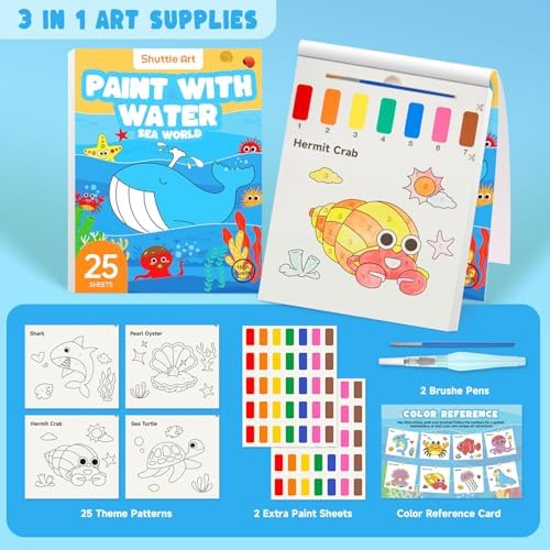 Shuttle Art Paint with Water Coloring Book for Kids, 25 Sea World Themed Pages with 2 Brushes, Mess-Free Watercolor Paint Set, Travel-Friendly Art Craft Gift for Toddlers, Birthday Christmas Gift
