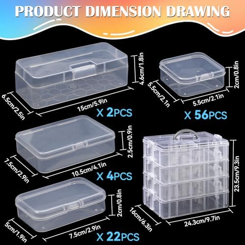 VTG Bead Organizer Box, 84 Pcs Small Plastic Containers with Lids, 4-Tier Stackable Storage Box, Clear Organizers for Jewelry Toys Craft Storage