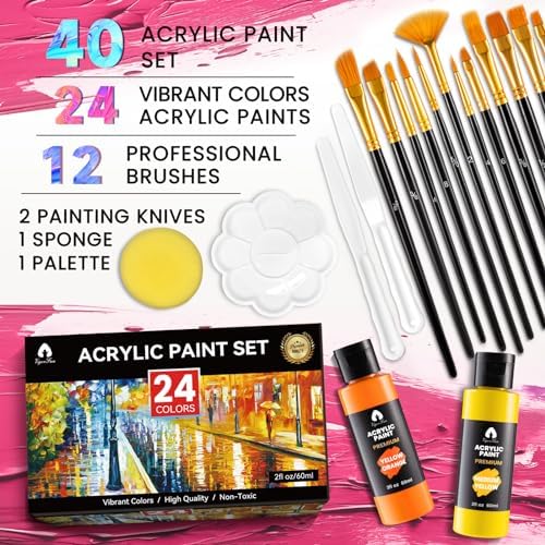 40 Pcs Acrylic Paint Set, 24 Colors 2oz/60ml Rich Pigments (Classic)