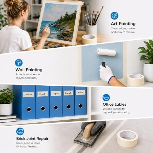 Masking Tape 1 Inch Wide, 25 Yds x 3 Rolls White Painters Tape 75 Yds Total