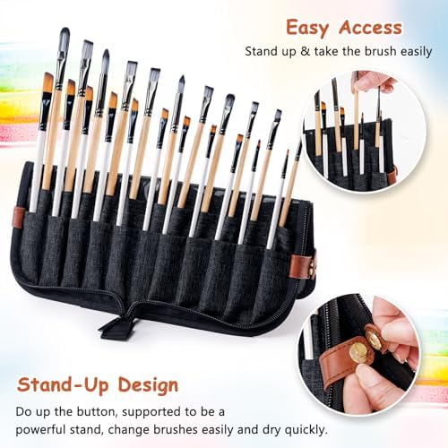 Paint Brush Holder Case for Artists with 22 Slots, Brush Organizer with Pop-Up Stand, Travel Paintbrush Storage Bag for Acrylic Oil Watercolor, Zippered Art Brush Cover (Brushes Not Included)