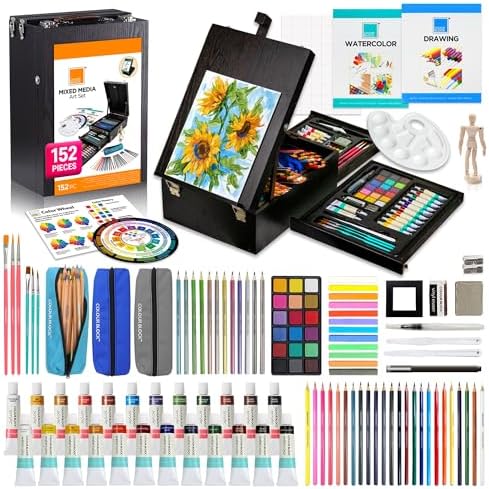 COLOUR BLOCK 152-Piece Wooden Easel Art Supplies Set, Professional Painting and Drawing Art Kit with Mixed Media Acrylic and Watercolor Paints, Pencils and Tools for Adults and Mixed Media Artists