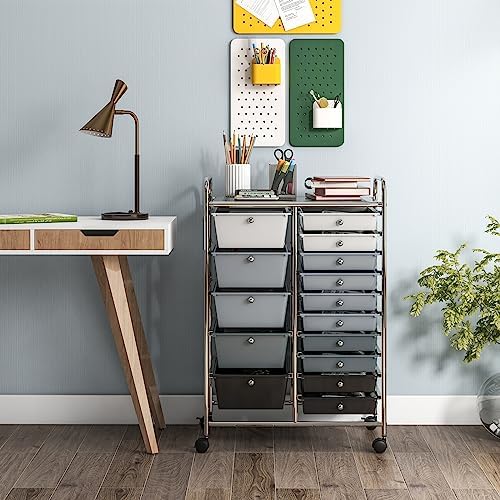 GOFLAME 15-Drawer Rolling Storage Cart, Craft Storage Cart with Removable Drawers & Lockable Wheels, Art Cart Supply Storage Organizer for Home Office Classroom, Gray Gradient