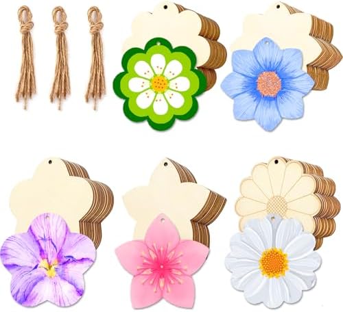 Flower 30pc 5Types Unfinished Wooden Gift Ornaments DIY Craft Birthday Present - Paintable Blank Natural Flower Cutouts Hanging Wood Slices for Kids Art Crafts DIY Gift Party Supplies