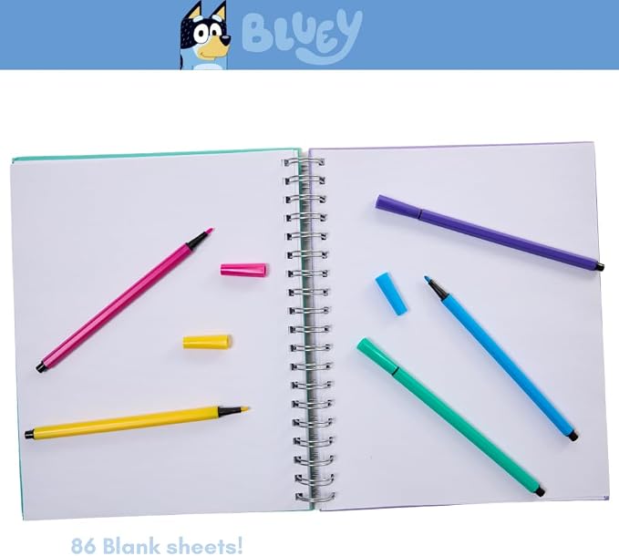 Bluey Sketchbook for Kids with Washable Markers, 86 Blank Pages Spiral Bound, Light Blue