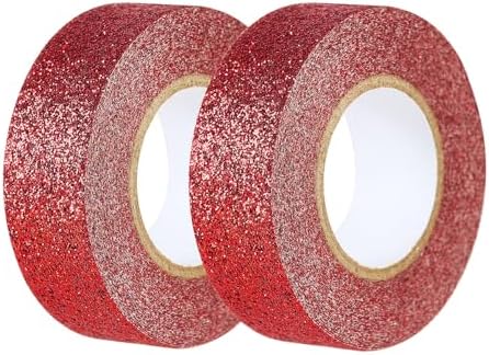 Red Glitter Washi Tape 2 Rolls, Sparkle Decorative Tape for DIY Crafts Scrapbooking Journaling, Sticky Colored Masking Tapes for Art, Wall Decor Gift Wrapping (0.6in x 11Yard)