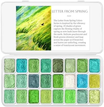 CraftyManor Mini Glitter Watercolor Paint Set with Paper, 24 Colors Shimmer Metallic Watercolour Painting Sets, Solid Pearl Water Color Paints for Adult, Green 1ml Trial Pack(Letter from Spring)