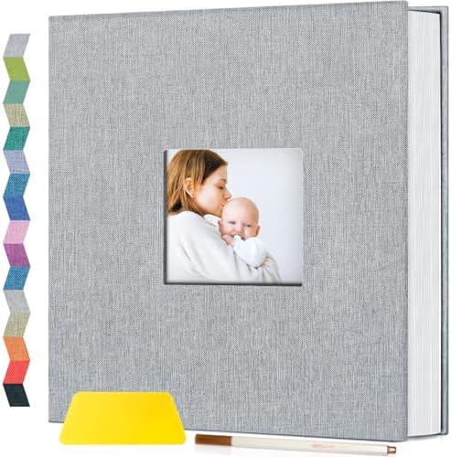 Popotop Photo Album Self Adhesive with Picture Display Window,60 Pages DIY Scrapbooking Supplies Kit for 4x6 8x10 Picture,Linen Cover Memory Book for Baby Wedding, with Scraper and Metallic Pen