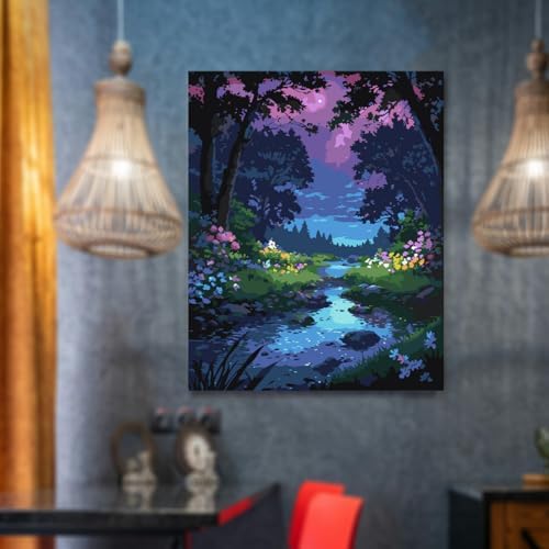 Lovepefe Forest Rivulet Paint By Numbers Kit for Adults, Paint by Number Kits for Beginner Acrylic On Canvas Forest Night Oil Painting Kit Adults Kits for Gift Home Wall Decor 16x20 Inch