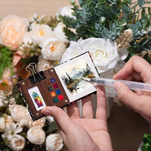 Qilery Mini Portable Watercolor Palette Set Wooden Grid Paint Box Watercolor Paper Sketch Book Brush Pens with Binder Clip for Painters Artist Not Include Paint(Rainforest Secrets)