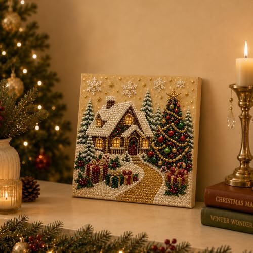 LJSCQF DIY Christmas Pearl Diamond Painting Art Kit with Frame, Home Wall Decor Art Craft Kit, Holiday Christmas Wall Decor, Handmade Home Decoration Gift (Village, 12x12in)