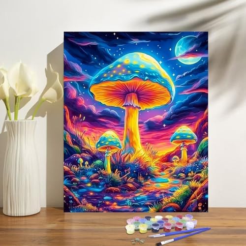 obterie Mushroom Paint by Numbers Kit for Adults Beginner Trippy Oil Painting Kit Adult Paint by Number Kits on Canvas DIY Painting for Beginners Art by Numbers for Gifts Home Wall Decor 16x20 Inch