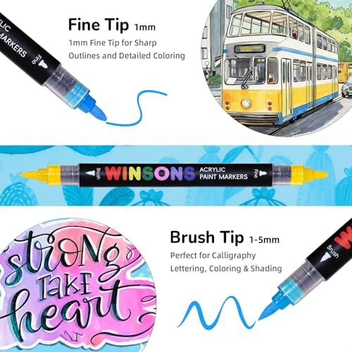 WINSONS 48 Colors Acrylic Paint Marker, Auto Ink-Flow Markers for Drawing, Illustration, Manga Coloring, Sketching Coloring Books