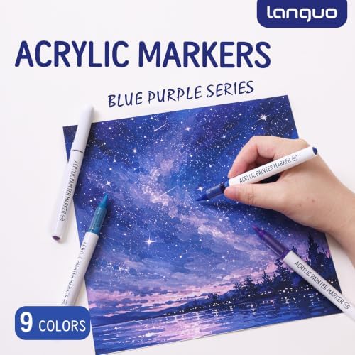 languo Acrylic Paint Markers, 9 Colors Blue Purple Series, Soft Brush Tip