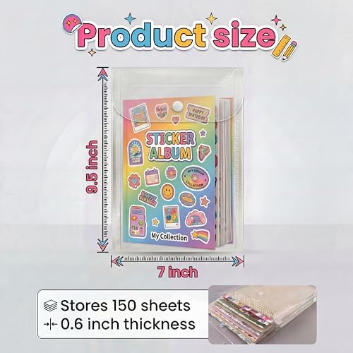Sticker Organizer, Clear Plastic Envelopes with Snap, 12 Pack Waterproof and Durable for Sticker Storage, Scrapbook Storage, Washi Tape, Scrapbooking & Stamping Supplies (7 x 9.5 Inches)