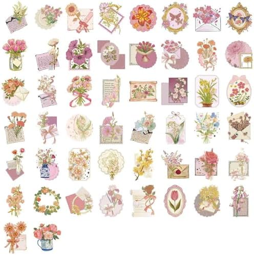 50Pcs Vintage Stickers,Waterproof Transparent PET Aesthetic Decorative Sticker Scrapbooking Supplies for Adult Card Making Letters Planner Journaling Junk Journal DIY Water Bottles Art Craft.Flowers