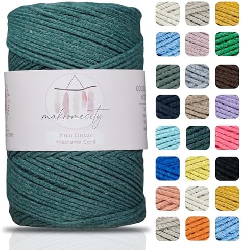 Makromecity, Cotton Macrame Cord 2mm x 195 Yards (590 feet) 2mm Recycled Cotton Crochet Yarn for Macrame Art & Crafts for Wall Hangings, Bags, Underplate, Rug (25 Colors Available) (Forest Green)