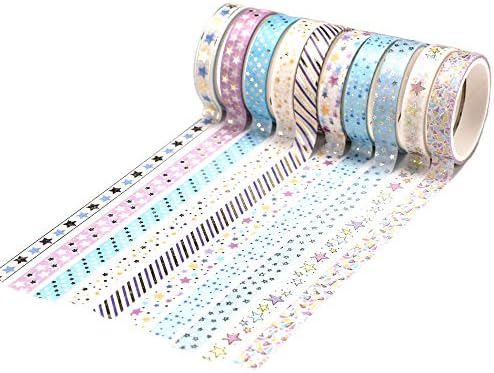 YUBBAEX 10 Rolls Sparkling Washi Tape Set 8mm Skinny Gold Foil Decorative Masking Washi Tapes for Bullet Journal,Scrapbook, Planner, DIY Crafts (Glittering Stars)
