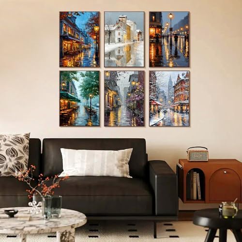 6 Pack Paint by Numbers Kit for Adults Beginner Street Scenery, 10x14 Inch | City View DIY Acrylic Painting, Without Frame Canvas, Stress Relief Craft Kits, For Home Wall Decor Gift