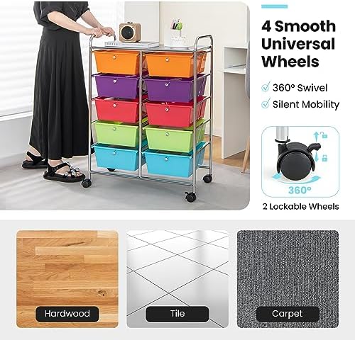 Giantex 10 Drawers Rolling Cart, Classroom Organizers, Storage Cart with Wheels, for Teacher Office Home School Supplies Tool Craft Art Paper, Rainbow Color