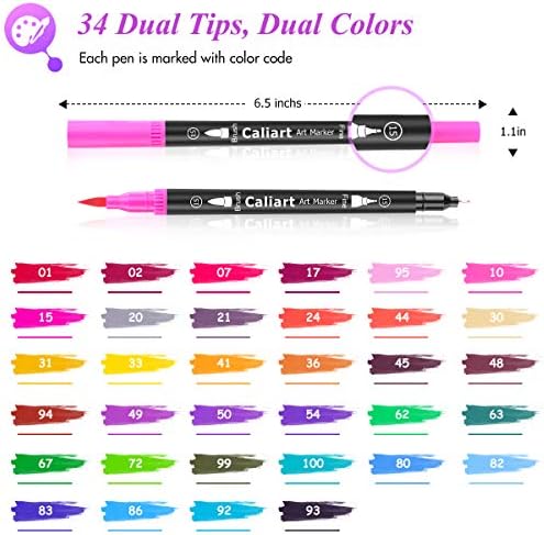 Caliart 34 Double Tip Brush Pens Art Markers for Adult Coloring Books | Artist Fine & Brush Coloring Markers for Journaling Calligraphy Hand Lettering Drawing Teacher Office Art Supplies