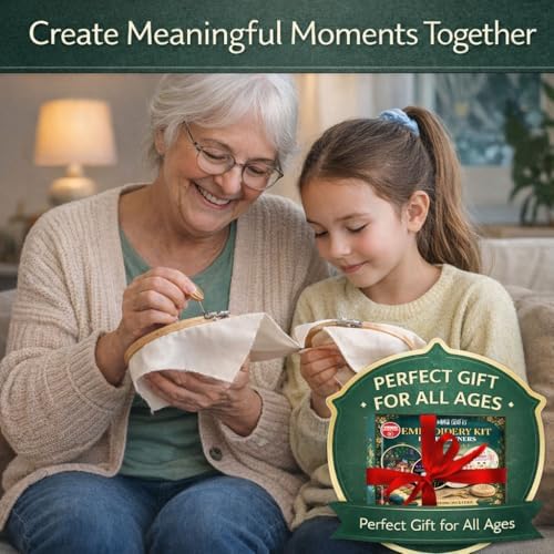 Moni Crafts - Embroidery Kit for Beginners Adults – Learn Embroidery Stitches, Complete Starter Kit with 4 Pre-Printed Patterns (Mushroom & Floral), Threads, Needles & Hoop – Video Tutorials