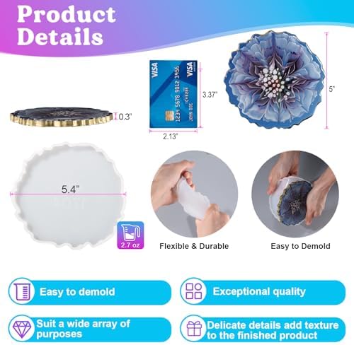 LET'S RESIN 4Pcs Resin Coaster Molds, Druzy Geode Agate Silicone Coaster Molds for Epoxy Resin, 5Inches Large Mould for DIY Art Craft Cup Mats, Durable and Flexible Moulds | Epoxy Molds for Epoxy Resin, Large Mould for DIY Art Craft Cup Mats, Durable a...