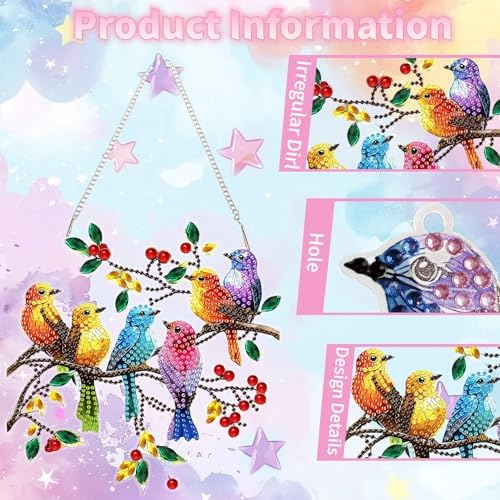 Spring Birds Diamond Painting Kits for Adults, DIY Pendant Diamond Art Kits for Beginners, 5D Special Shape Full Drill Hanging Diamond Gem Art Painting Kits for Window Suncatchers for Home Wall Decor