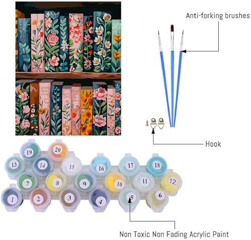 pchmcu Bookshelf Paint by Numbers for Adults - Books Adults Paint by Numbers Kits, DIY Easy Acrylic Paint by Number on Canvas, Painting Art Kits for Home Decor 16x20 Inch