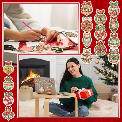 Motipuns 30 Pcs Diamond Magnets,Christmas Ball,Red Green