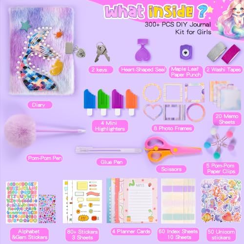 Cherry Tale DIY Journal Kit for Girls, 300+ PCS Scrapbook Kit for Girls Ages 6-14, Fluffy Mermaid Lockable Diary with Keys, Stickers and Markers, 6 7 8 9 10 11 12 13 14 Year Old Girl Birthday Gift