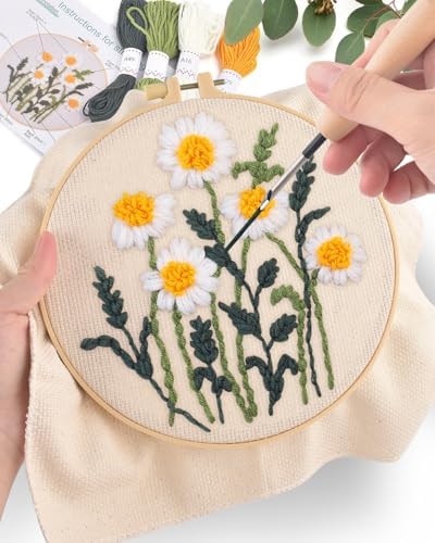 ERKOON Punch Needle Kit Beginners Adults, DIY Easy Flower Embroidery Set for Starter Art Craft, Needling Punching Project with Patterns, Tools, Yarns, Hoop, Instruction (Daisy)