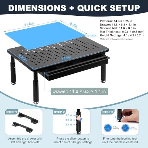 Resin Leveling Table for Epoxy, Resin Table 3 Height Settings 14.6''x 9.25'', Adjustable Leveling Magnetic Bubble Level Built-in Drawer Silicone Mat For Molds Waves Crafting Art