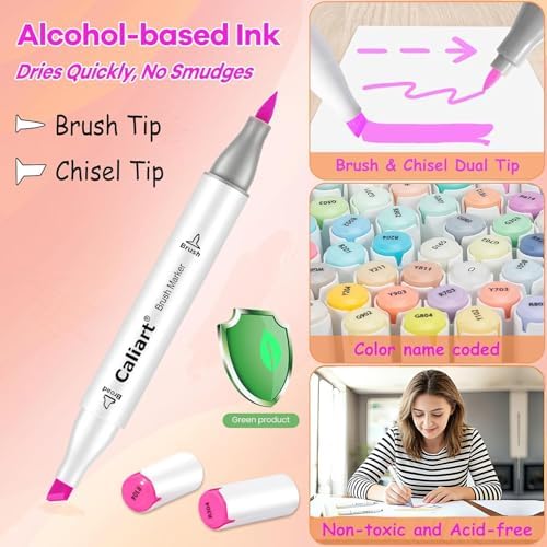 Caliart 51 Colors Alcohol Markers Brush Tip, Art Markers for Adult Coloring | Brush & Chisel Permanent Colored Markers Sketch Pens with Case Art Supplies Gifts for Beginners Artists Drawing Illustration