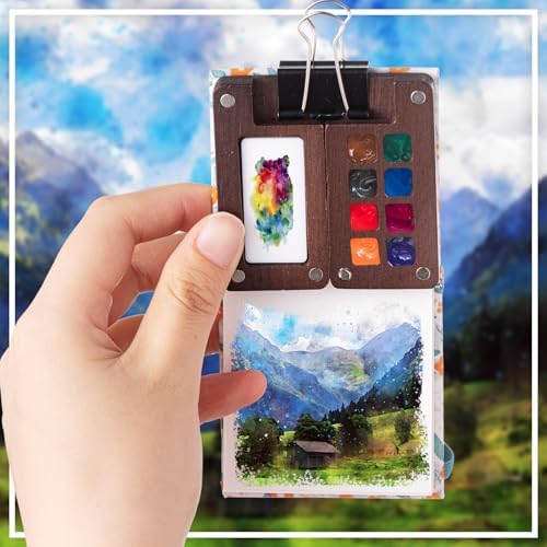 Qilery Mini Portable Watercolor Palette Set Wooden Grid Paint Box Watercolor Paper Sketch Book Brush Pens with Binder Clip for Painters Artist Not Include Paint(Blue Flowers)