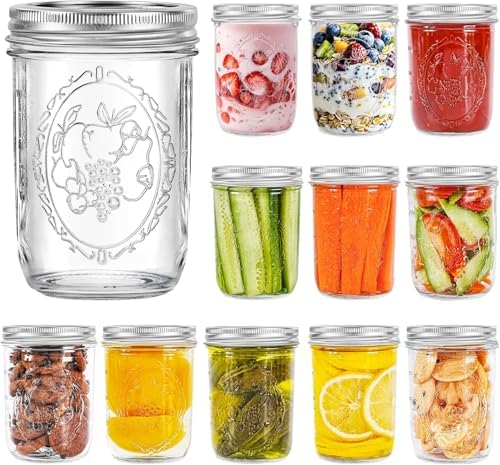 Miuyhji 16 oz Wide Mouth Glass Mason Jars with Lids, 12 Pack for Canning