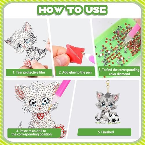Masendp 8 Pieces Diamond Painting Keychain Animal Style Diamond Art Jewelry Double Sided 5D Diamond Painting Kit for Beginners Adult DIY Art Craft Gifts Home Decor (Football & Cat)