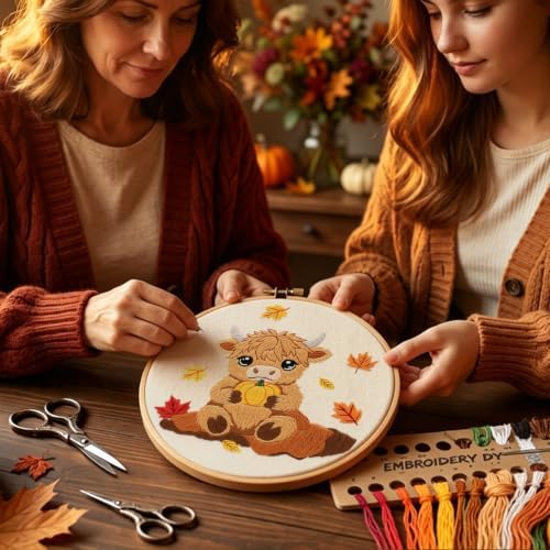 Louise Maelys Highland Cow Embroidery Kit for Beginners（Autumn
