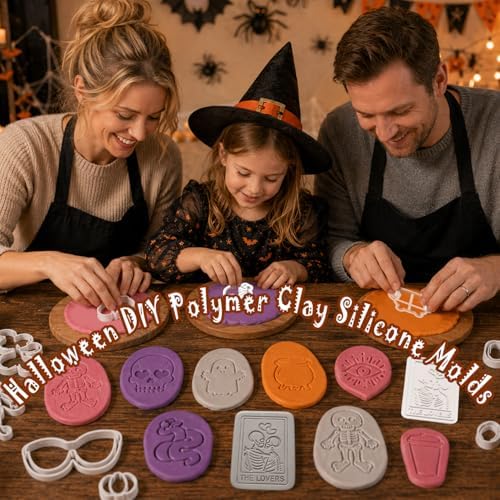 11 Pcs Spooky Halloween Polymer Clay Cutters Set - Skeleton, Skull & Tarot Themed Clay Cutters for Polymer Clay Jewelry Making, Fit Halloween Party Gift