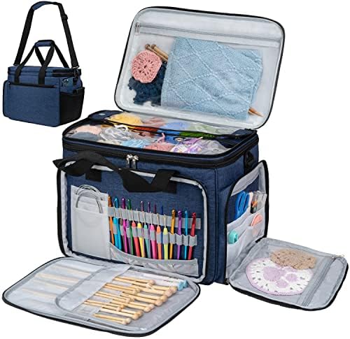 PAVILIA Knitting Bag Yarn Storage Tote, Large Crochet Organizer Bag, Yarn Storage Holder for Crocheting Knitter, Knitting Project Bag, Crochet Accessories Set, Gifts For Crochet Lovers, Heather Navy