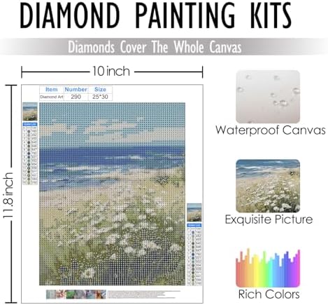 RLTXBUK Coastal Beach Diamond Art Kits, Beach House Room Decor, Coastal Daisy Floral Seaside Landscape Gem Diamond Painting Art Kits for Adults Kids Beginners, 9.8x11.8 Inch