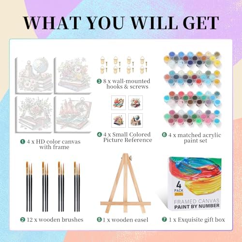 Camocin 4 Pack Framed Paint by Numbers Kit for Adults with Wooden Easel | Book Lover Artwork, DIY Canvas Painting Set, Reading Room Wall Decor, Literary Aesthetic, Beginner Friendly, 10x10 Inch