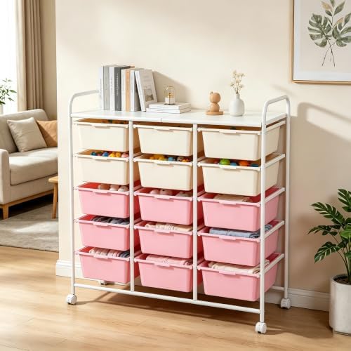 15-Drawer Rolling Storage Cart with Wheels, 2-Color Plastic Drawer Cart | Mobile Organizer Cart, Utility Storage Trolley for Office, Living Room, Craft Room, Bathroom, and Home Organization