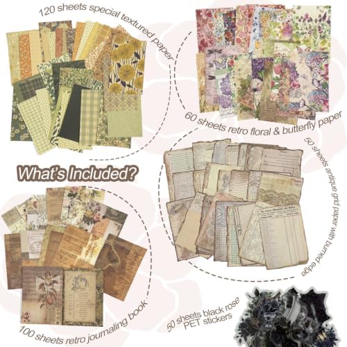 380 Sheets Vintage Scrapbook Paper Pack with Black Rose PET Stickers