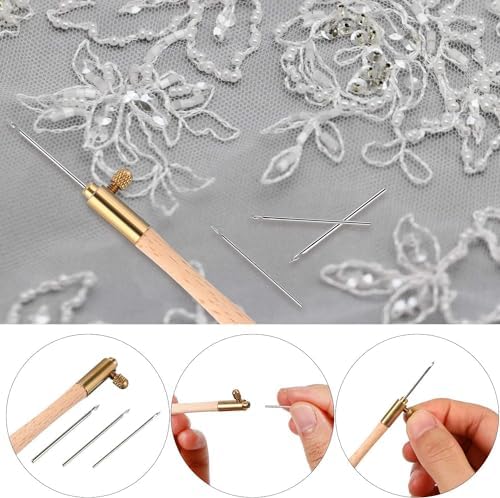 meekoo Tambour Hook with 3 Needles 70# 90# 100# Tambour Embroidery Kit Tool Crochet Hook Kit Sequin Beads Needle Set for Embroidery Sewing Crafting Handmade Artwork Making Gifts for Protect Hands(1)